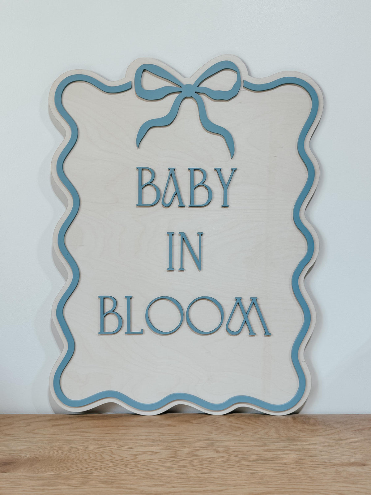 Baby in Bloom Baby Shower Sign  3D Wooden Sign with Bow & Wavy Border  Pink, Blue, or White  Gender Reveal or Nursery Decor