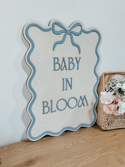 Baby in Bloom Baby Shower Sign  3D Wooden Sign with Bow & Wavy Border  Pink, Blue, or White  Gender Reveal or Nursery Decor