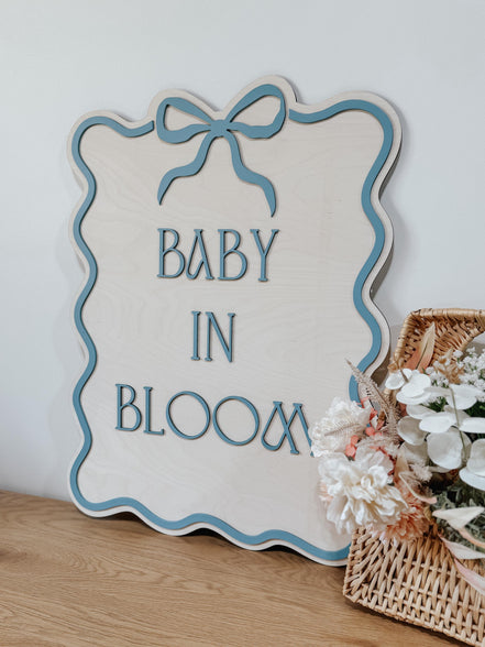 Baby in Bloom Baby Shower Sign  3D Wooden Sign with Bow & Wavy Border  Pink, Blue, or White  Gender Reveal or Nursery Decor