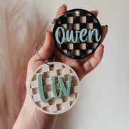 Custom Name Keychain with Checker Print | Personalized Backpack Charm | 3D Acrylic Name Tag | Trendy Laser Cut Keychain | Gift for  teacher