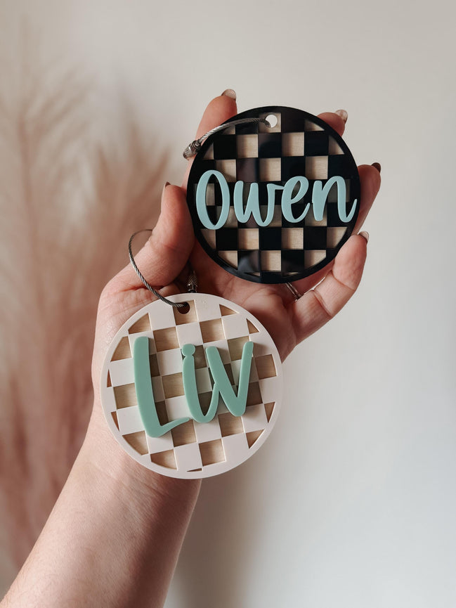 Custom Name Keychain with Checker Print | Personalized Backpack Charm | 3D Acrylic Name Tag | Trendy Laser Cut Keychain | Gift for  teacher