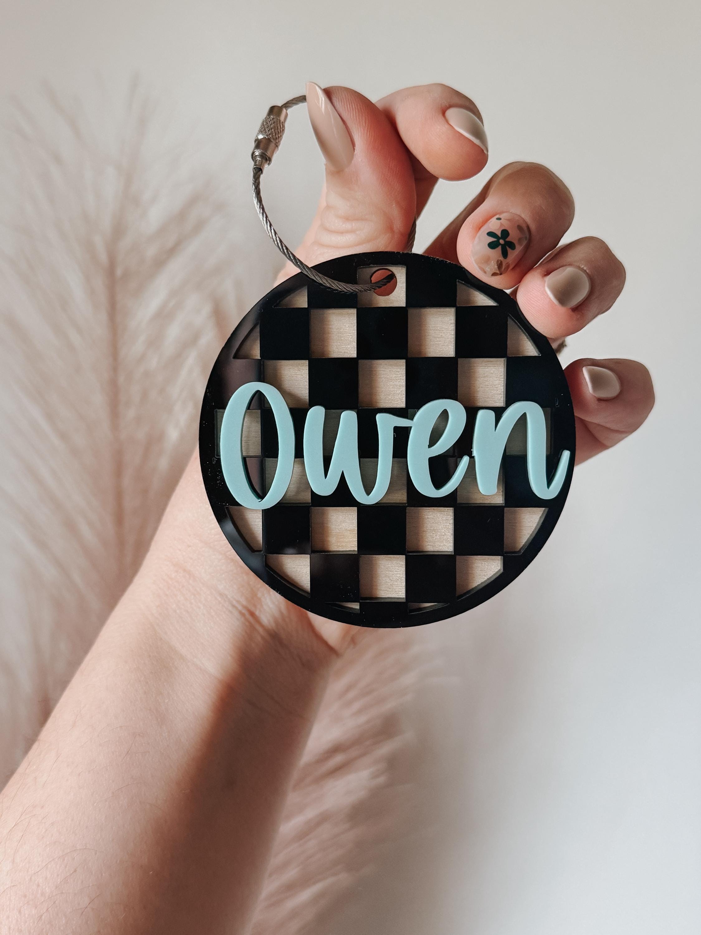 Custom Name Keychain with Checker Print | Personalized Backpack Charm | 3D Acrylic Name Tag | Trendy Laser Cut Keychain | Gift for  teacher