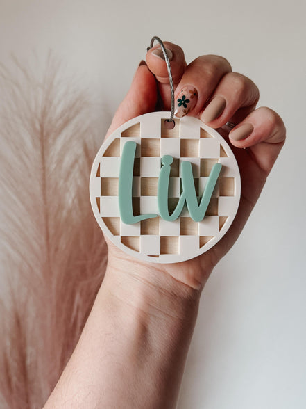 Custom Name Keychain with Checker Print | Personalized Backpack Charm | 3D Acrylic Name Tag | Trendy Laser Cut Keychain | Gift for  teacher