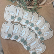 Laser Cut Baby Monthly Milestone Markers  3D Acrylic & Engraved Wooden Ovals | Custom Color Option | Hello World + Months 1-12