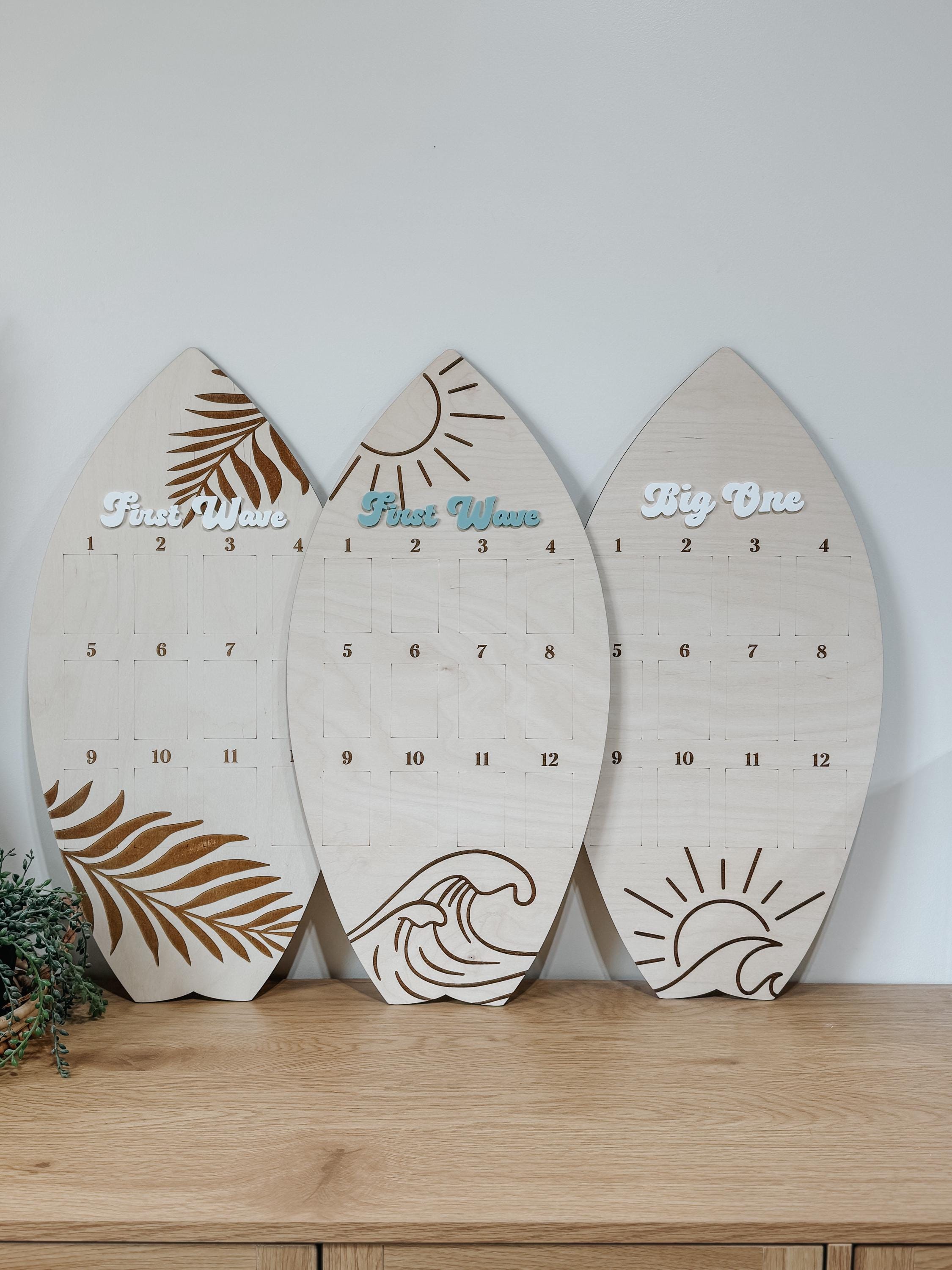 Surfboard First Birthday Photo Display | Monthly Milestone Sign | Beach Theme Birthday Decor | Wood Photo Board | Big one First Wave party