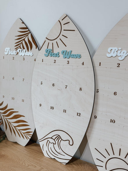 Surfboard First Birthday Photo Display | Monthly Milestone Sign | Beach Theme Birthday Decor | Wood Photo Board | Big one First Wave party