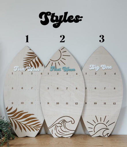 Surfboard First Birthday Photo Display | Monthly Milestone Sign | Beach Theme Birthday Decor | Wood Photo Board | Big one First Wave party