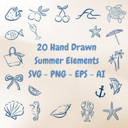 20 Hand drawn summer svg png eps AI Bundle  Beach Clipart, Tropical Elements, Sublimation & Laser Cut files for cricut glowforge Laser