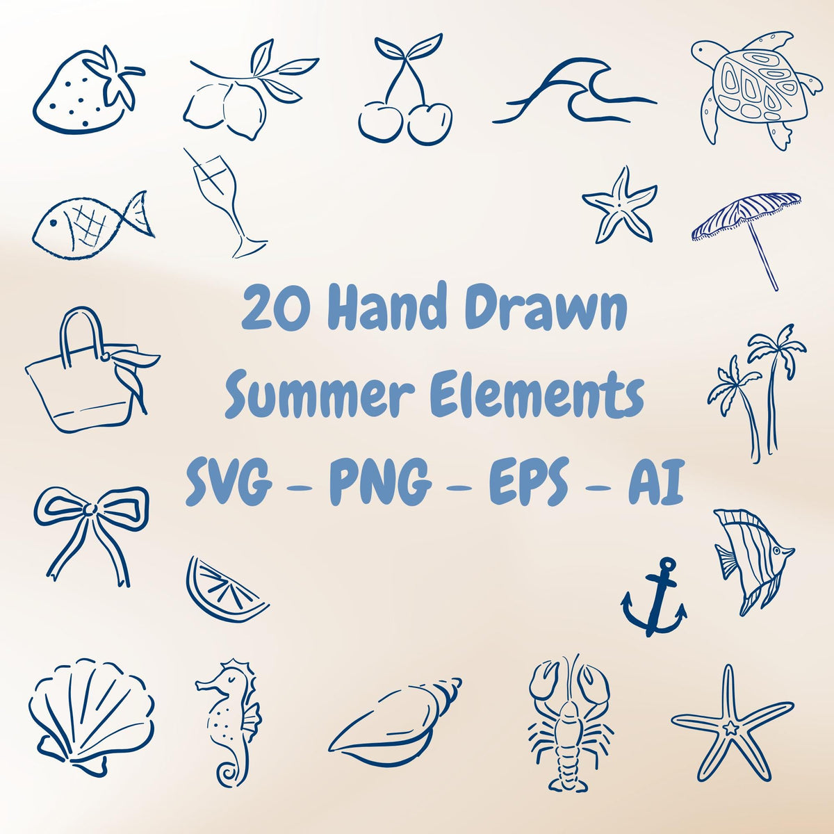 20 Hand drawn summer svg png eps AI Bundle  Beach Clipart, Tropical Elements, Sublimation & Laser Cut files for cricut glowforge Laser
