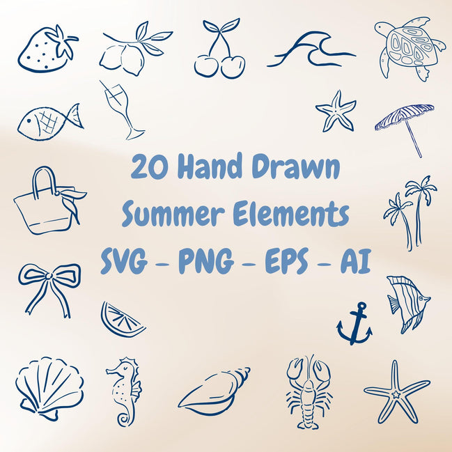 20 Hand drawn summer svg png eps AI Bundle  Beach Clipart, Tropical Elements, Sublimation & Laser Cut files for cricut glowforge Laser