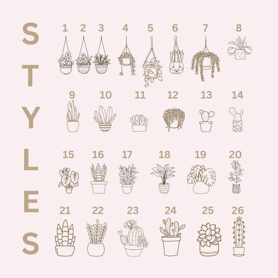 Numbered style chart showing 26 wooden plant-magnet designs, including hanging plants, succulents and cacti.