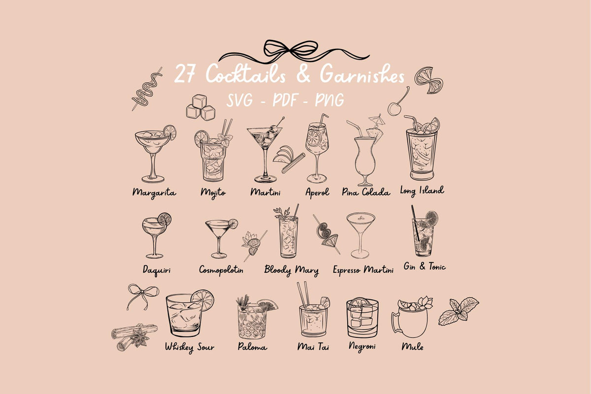 Hand Drawn Cocktail bundle | drink svg | border svg | Wedding Sign| Decorative elements svg | pattern border pdf png dxf jpg | Garnish |