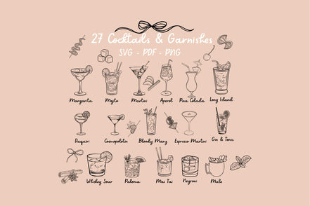 Hand Drawn Cocktail bundle | drink svg | border svg | Wedding Sign| Decorative elements svg | pattern border pdf png dxf jpg | Garnish |