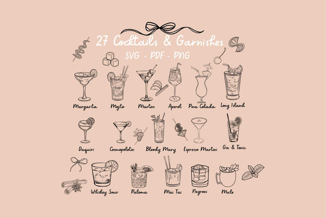 Hand Drawn Cocktail bundle | drink svg | border svg | Wedding Sign| Decorative elements svg | pattern border pdf png dxf jpg | Garnish |