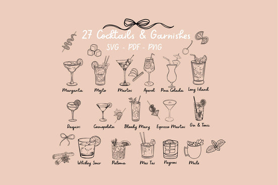 Hand Drawn Cocktail bundle | drink svg | border svg | Wedding Sign| Decorative elements svg | pattern border pdf png dxf jpg | Garnish |