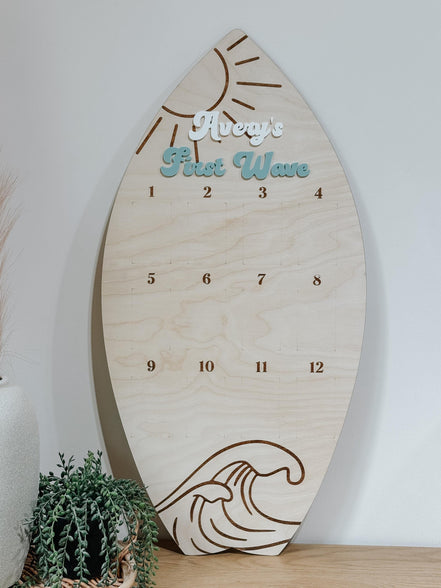 Surfboard First Birthday Photo Display | Monthly Milestone Sign | Beach Theme Birthday Decor | Wood Photo Board | Big one First Wave party