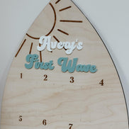 Surfboard First Birthday Photo Display | Monthly Milestone Sign | Beach Theme Birthday Decor | Wood Photo Board | Big one First Wave party