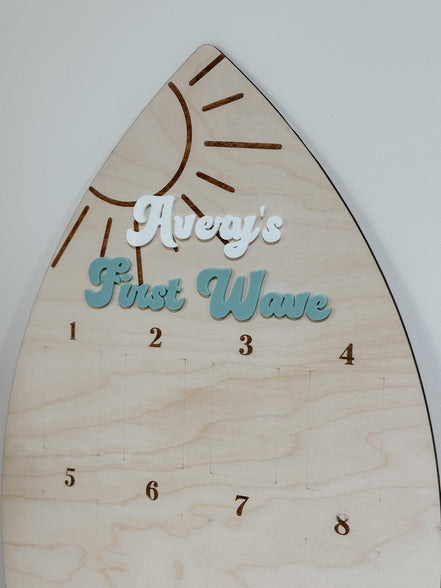 Surfboard First Birthday Photo Display | Monthly Milestone Sign | Beach Theme Birthday Decor | Wood Photo Board | Big one First Wave party