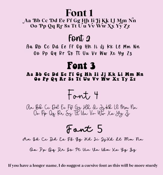 Five lettering styles shown with uppercase and lowercase alphabets for personalized bottle name plates.
