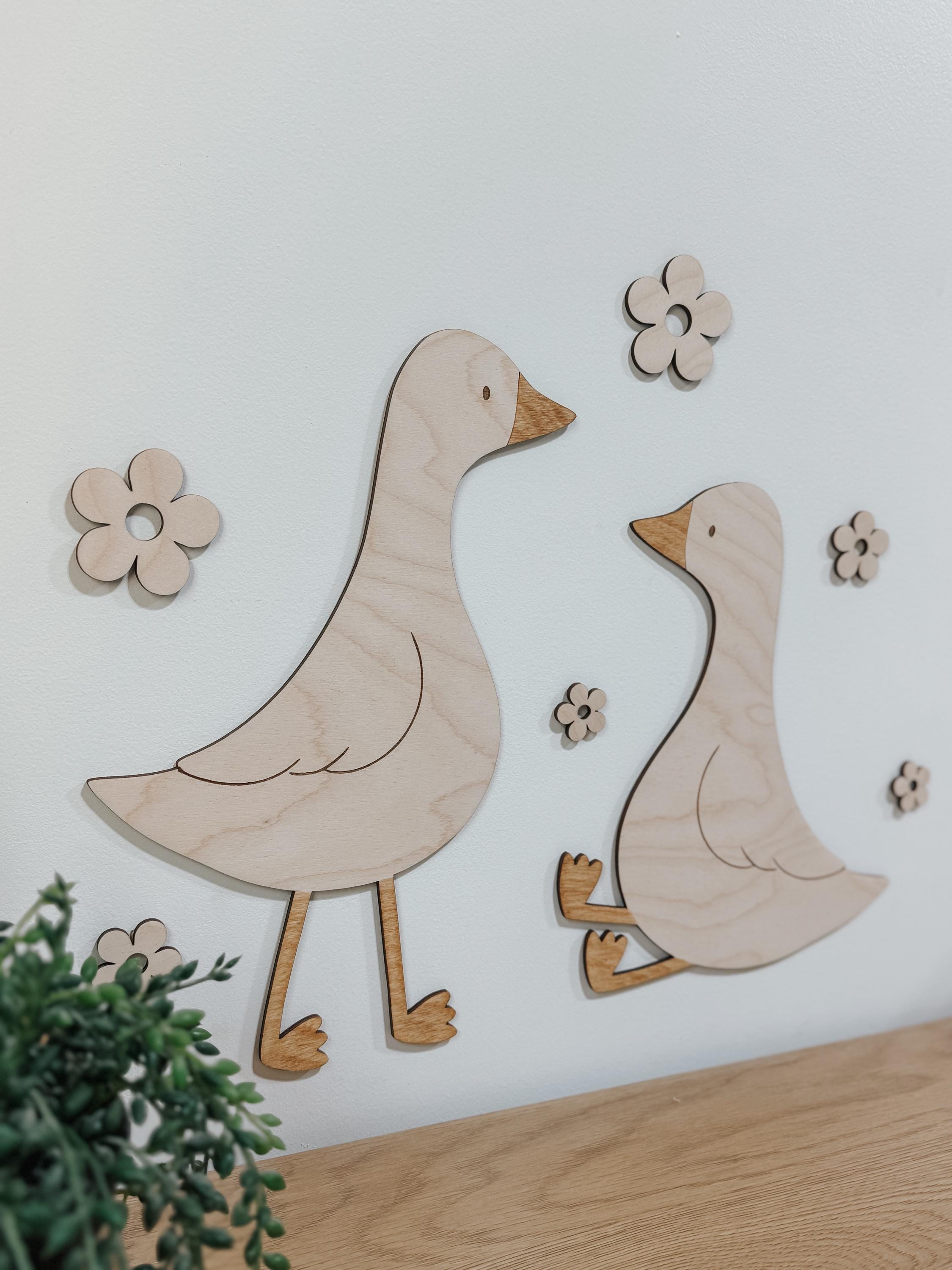 Wooden Geese Wall Decor with Flowers  Laser Cut Birch Nursery & Baby Shower Decoration