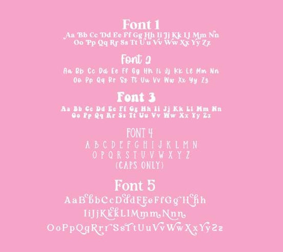 Five numbered badge-buddy font samples showing uppercase and lowercase alphabets.