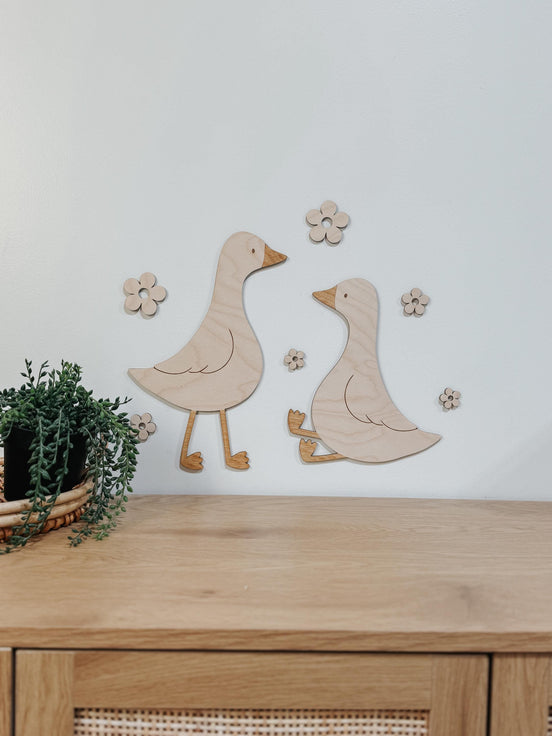 Wooden Geese Wall Decor with Flowers  Laser Cut Birch Nursery & Baby Shower Decoration