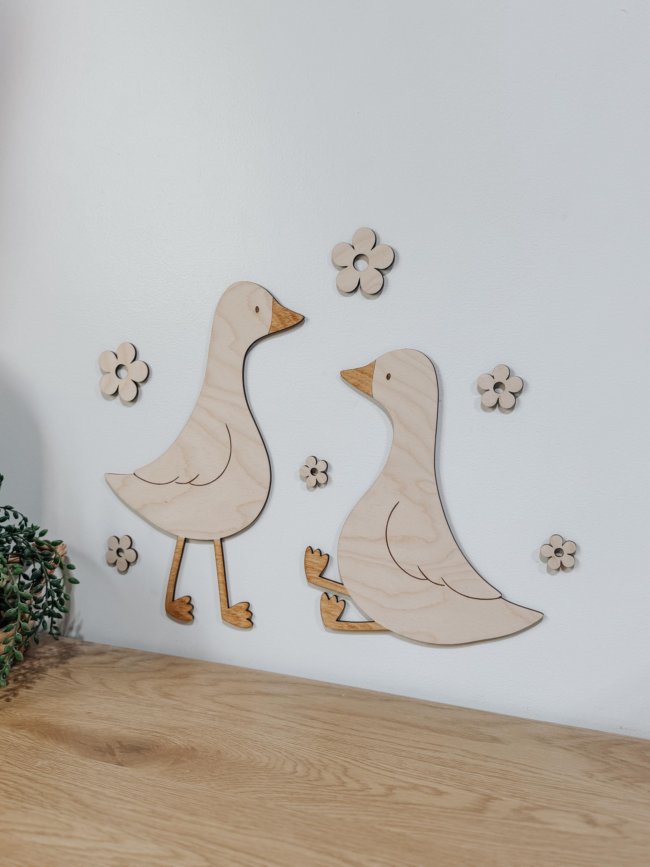 Wooden Geese Wall Decor with Flowers  Laser Cut Birch Nursery & Baby Shower Decoration