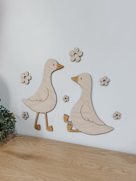 Wooden Geese Wall Decor with Flowers  Laser Cut Birch Nursery & Baby Shower Decoration
