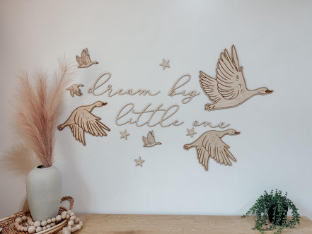Dream Big Little One Wall Art | Laser Cut Birch Geese & Stars | Nursery Décor | Woodland Baby Room | Easy Mess-Free Hanging
