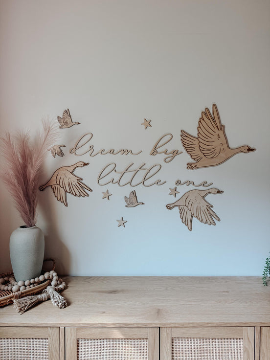 Dream Big Little One Wall Art | Laser Cut Birch Geese & Stars | Nursery Décor | Woodland Baby Room | Easy Mess-Free Hanging