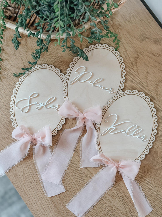 Personalized Baby Name Sign  Wooden Newborn Photo Prop & Keepsake | vintage bow oval sign | baby shower
