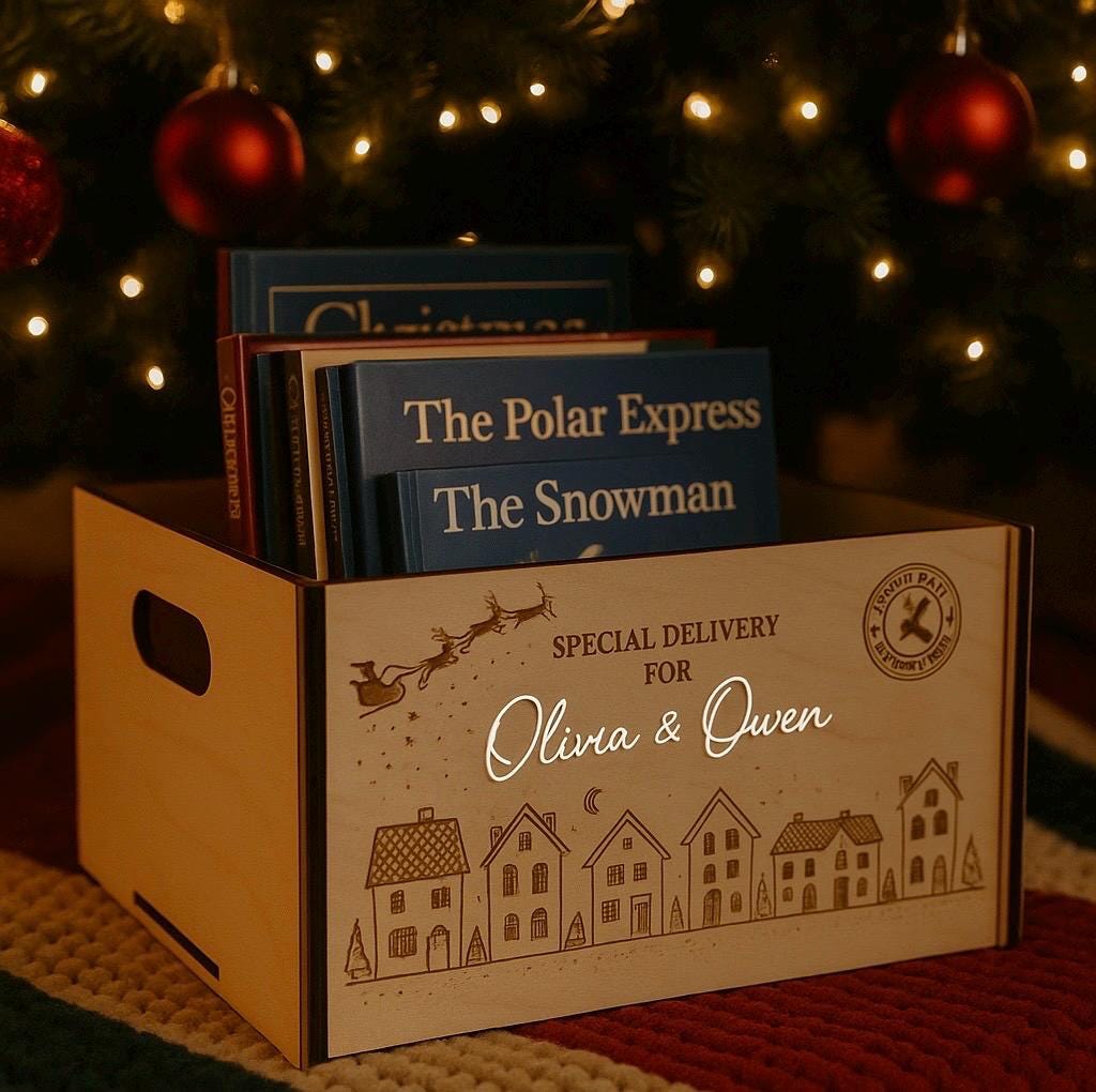 Personalized Christmas Eve Box  Special Delivery Keepsake | reusable crate | Santa Gift | North Pole | Book Shelf | Christmas Tree