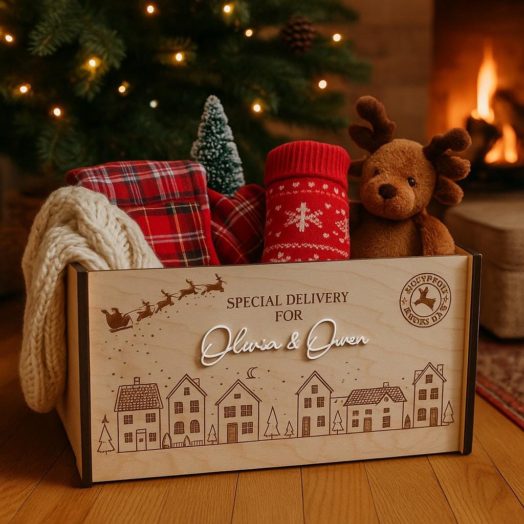 Personalized Christmas Eve Box  Special Delivery Keepsake | reusable crate | Santa Gift | North Pole | Book Shelf | Christmas Tree