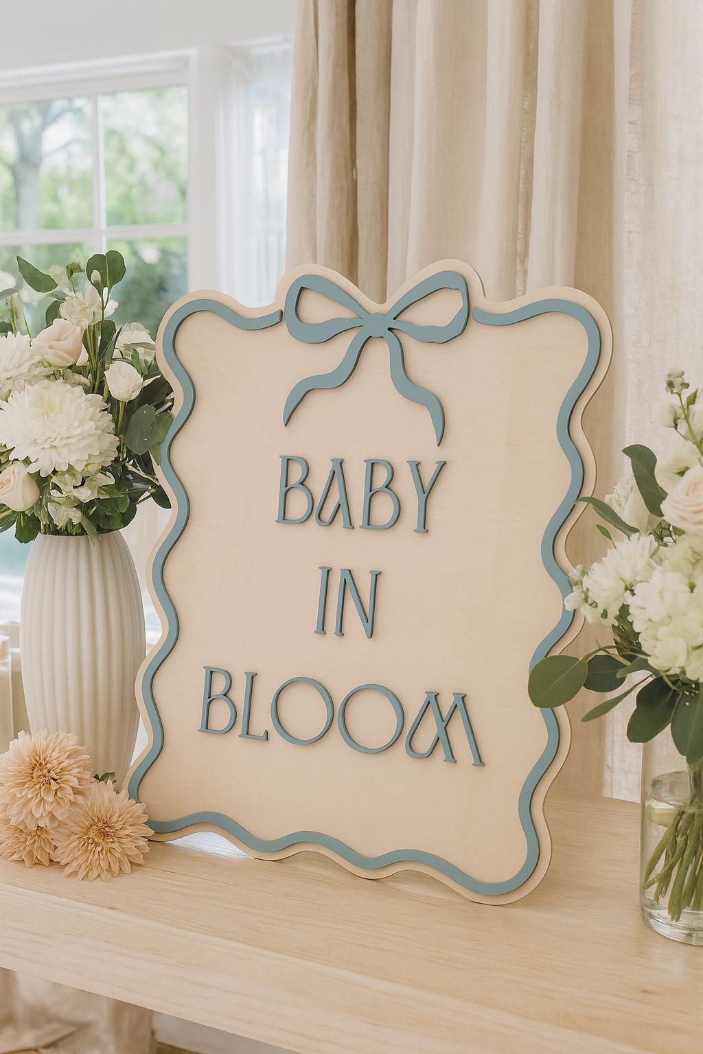 Baby in Bloom Baby Shower Sign  3D Wooden Sign with Bow & Wavy Border  Pink, Blue, or White  Gender Reveal or Nursery Decor