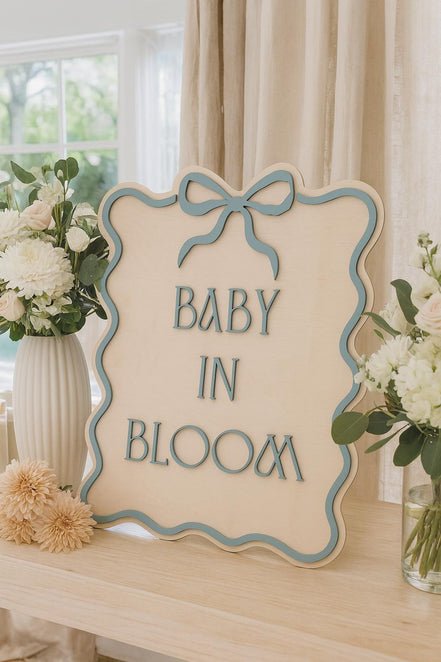 Baby in Bloom Baby Shower Sign  3D Wooden Sign with Bow & Wavy Border  Pink, Blue, or White  Gender Reveal or Nursery Decor