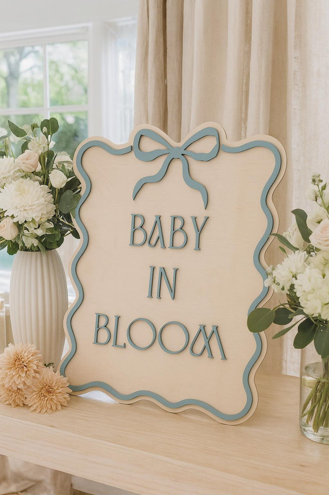 Baby in Bloom Baby Shower Sign  3D Wooden Sign with Bow & Wavy Border  Pink, Blue, or White  Gender Reveal or Nursery Decor
