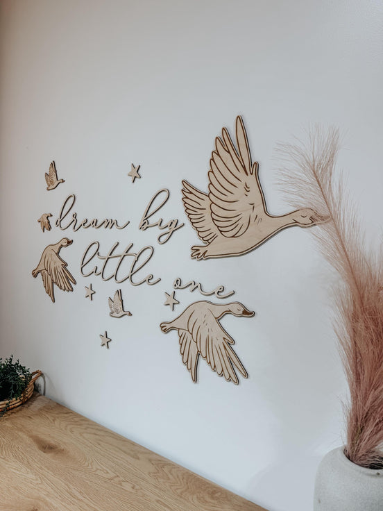 Dream Big Little One Wall Art | Laser Cut Birch Geese & Stars | Nursery Décor | Woodland Baby Room | Easy Mess-Free Hanging