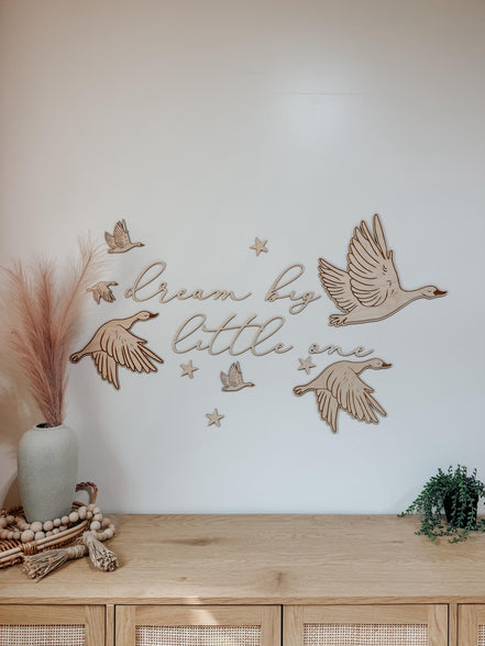 Dream Big Little One Wall Art | Laser Cut Birch Geese & Stars | Nursery Décor | Woodland Baby Room | Easy Mess-Free Hanging