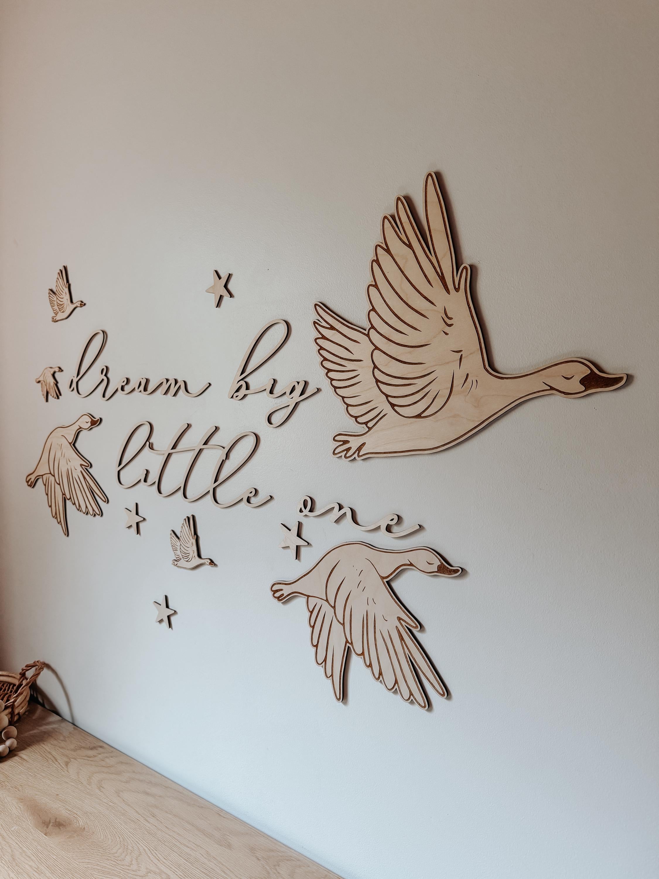 Dream Big Little One Wall Art | Laser Cut Birch Geese & Stars | Nursery Décor | Woodland Baby Room | Easy Mess-Free Hanging