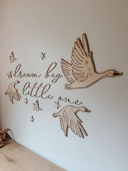 Dream Big Little One Wall Art | Laser Cut Birch Geese & Stars | Nursery Décor | Woodland Baby Room | Easy Mess-Free Hanging