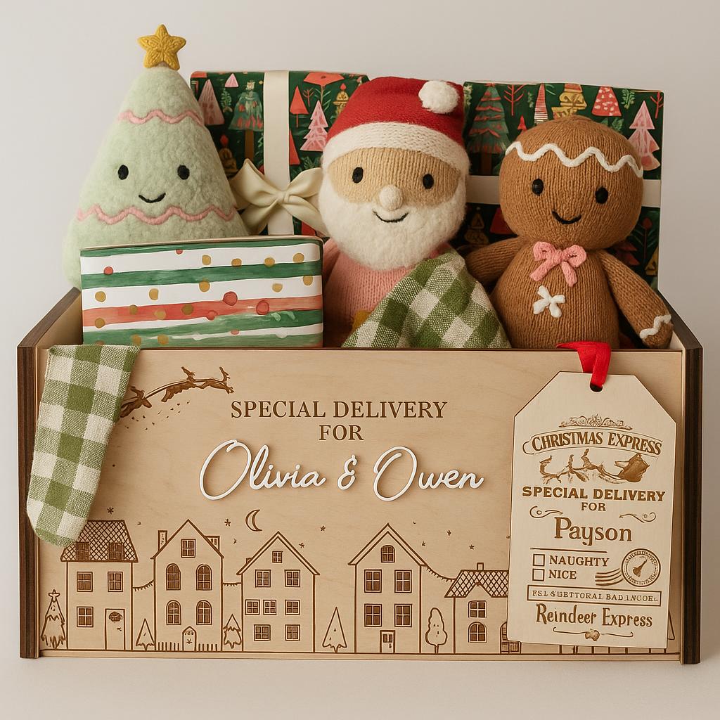 Personalized Christmas Eve Box  Special Delivery Keepsake | reusable crate | Santa Gift | North Pole | Book Shelf | Christmas Tree