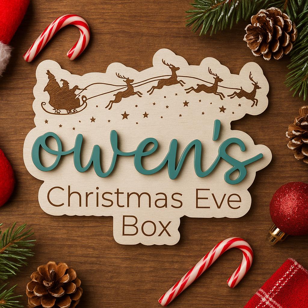 Personalized Christmas Eve Box Sign | Laser Cut Birch Wooden Plaque with 3D Acrylic Name | Custom Kids Holiday Keepsake Tag for Crate