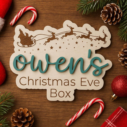 Personalized Christmas Eve Box Sign | Laser Cut Birch Wooden Plaque with 3D Acrylic Name | Custom Kids Holiday Keepsake Tag for Crate