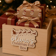 Personalized Christmas Eve Box Sign | Laser Cut Birch Wooden Plaque with 3D Acrylic Name | Custom Kids Holiday Keepsake Tag for Crate