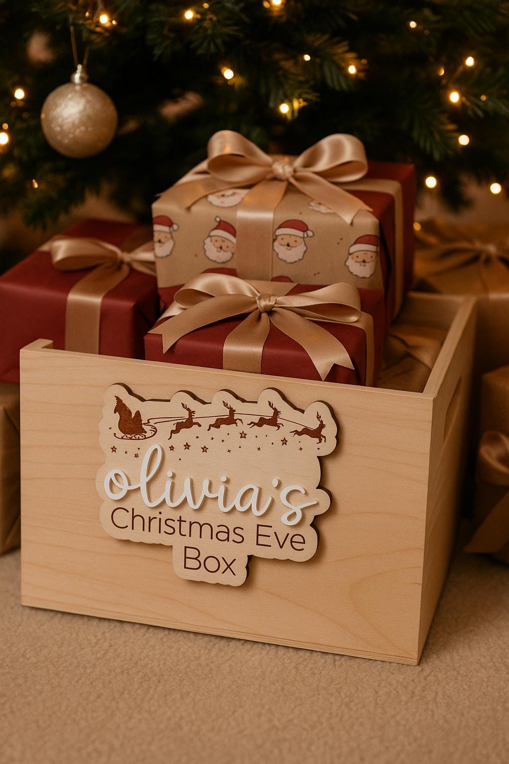Personalized Christmas Eve Box Sign | Laser Cut Birch Wooden Plaque with 3D Acrylic Name | Custom Kids Holiday Keepsake Tag for Crate