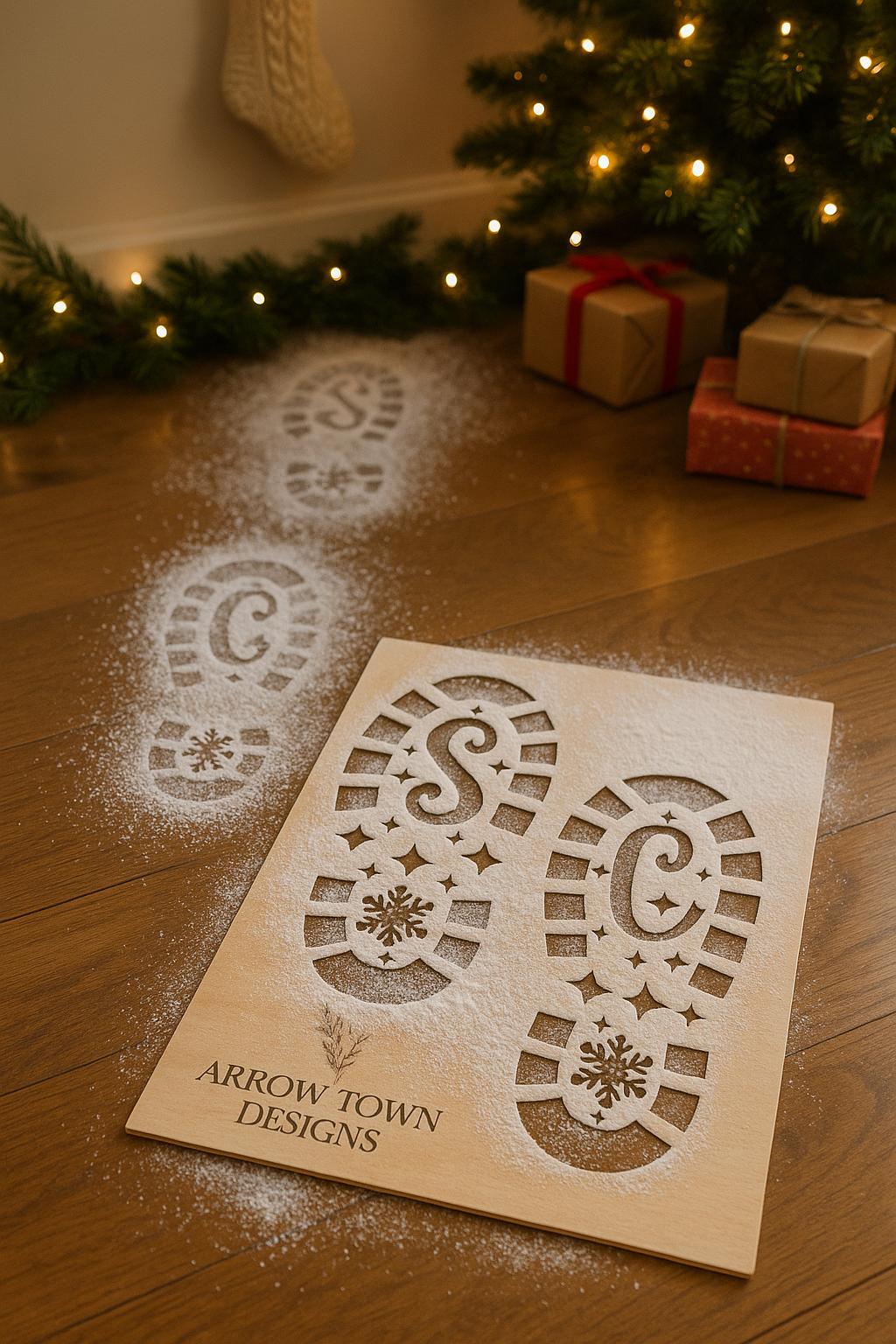 Santa Boot Print Stencil for Flour or Sugar | 10 Christmas Morning Footprint Prop | Laser Cut Wood Santa Tracks | Reusable Holiday Decor