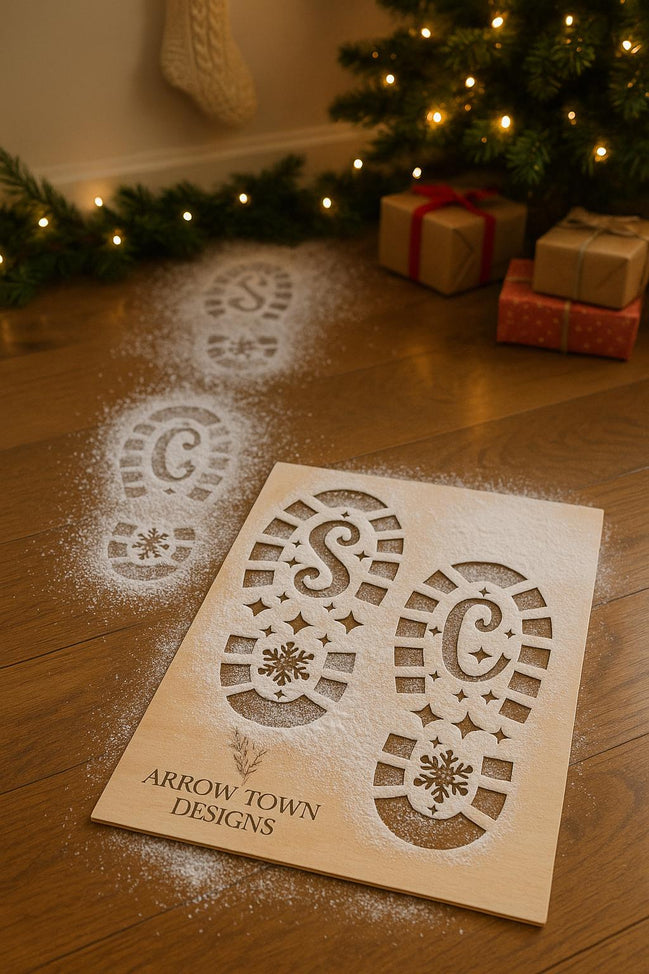 Santa Boot Print Stencil for Flour or Sugar | 10 Christmas Morning Footprint Prop | Laser Cut Wood Santa Tracks | Reusable Holiday Decor