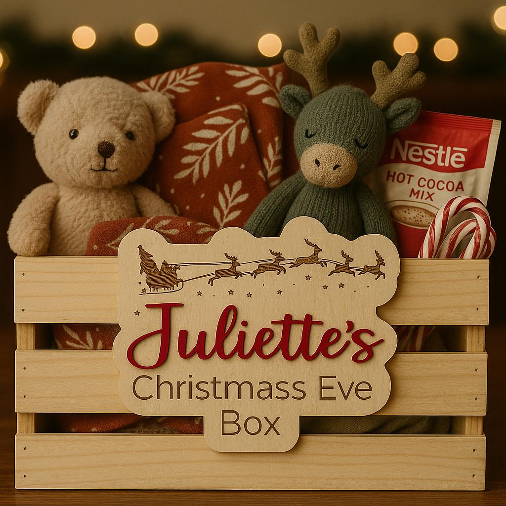 Personalized Christmas Eve Box Sign | Laser Cut Birch Wooden Plaque with 3D Acrylic Name | Custom Kids Holiday Keepsake Tag for Crate