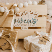 Personalized Christmas Eve Box Sign | Laser Cut Birch Wooden Plaque with 3D Acrylic Name | Custom Kids Holiday Keepsake Tag for Crate
