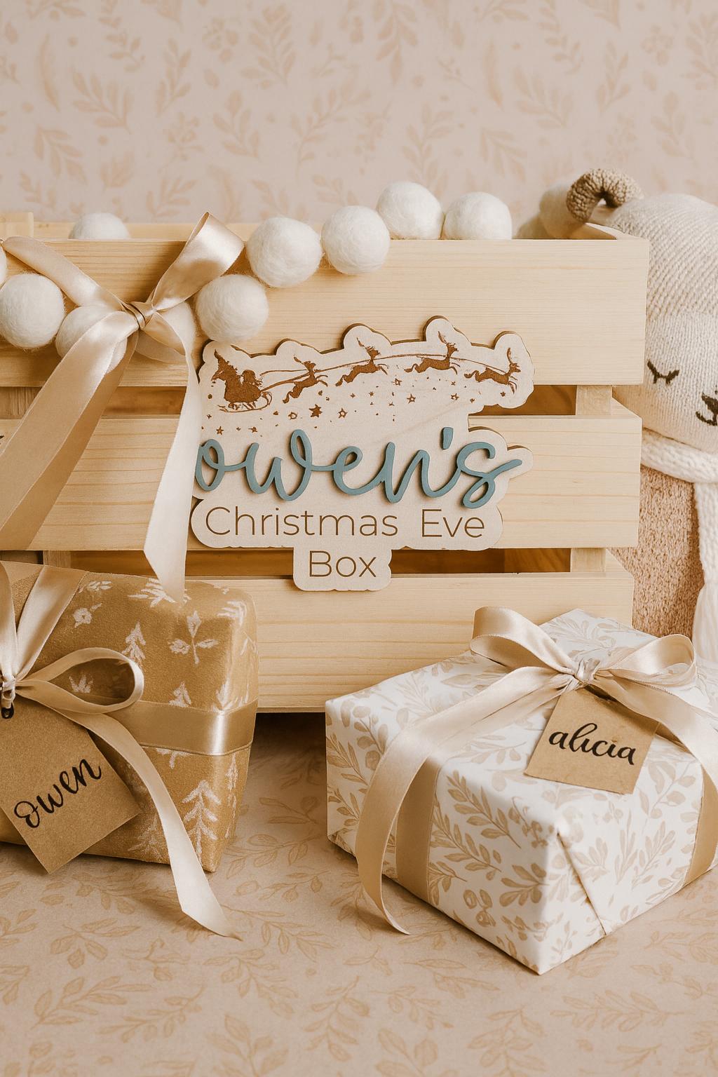Personalized Christmas Eve Box Sign | Laser Cut Birch Wooden Plaque with 3D Acrylic Name | Custom Kids Holiday Keepsake Tag for Crate